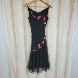 Xscape Black and Pink Floral Midi Dress